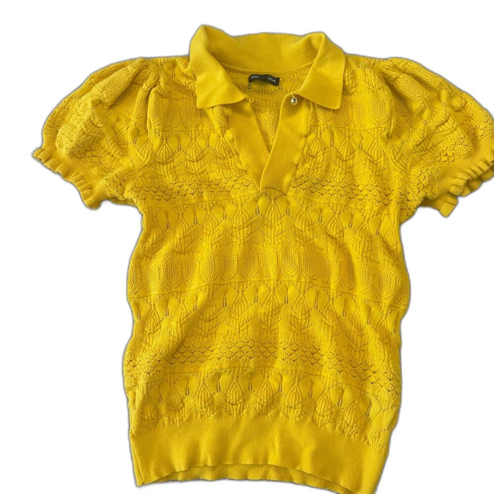 Who What Wear Yellow Pointelle Knit Polo Top Puff Sleeve XS